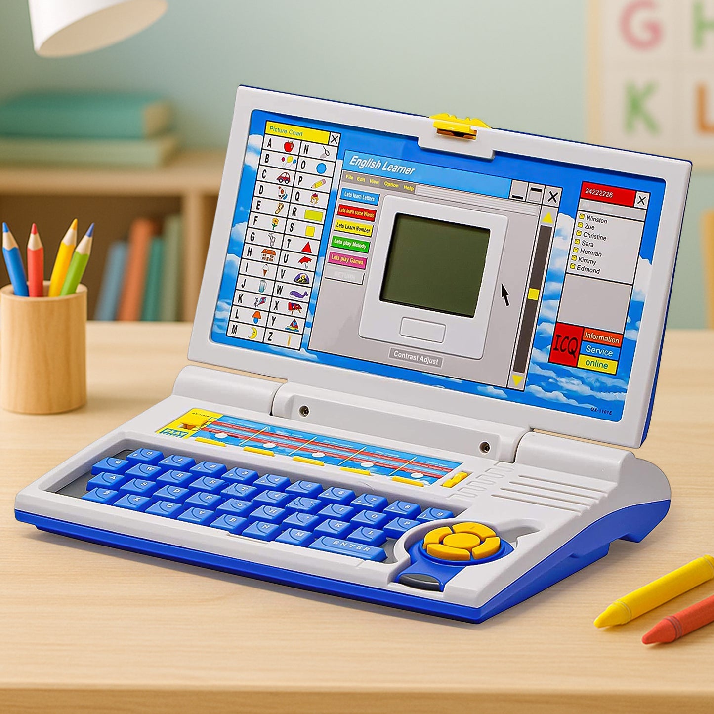 Wukusy English Learner Educational Laptop Toy with colorful buttons and screen, featuring 20 learning activities for kids.