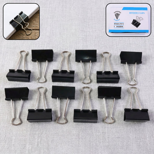 Set of 12 extra large, heavy-duty black binder clips by Wukusy, 41 mm size, for secure paper organization and binding.