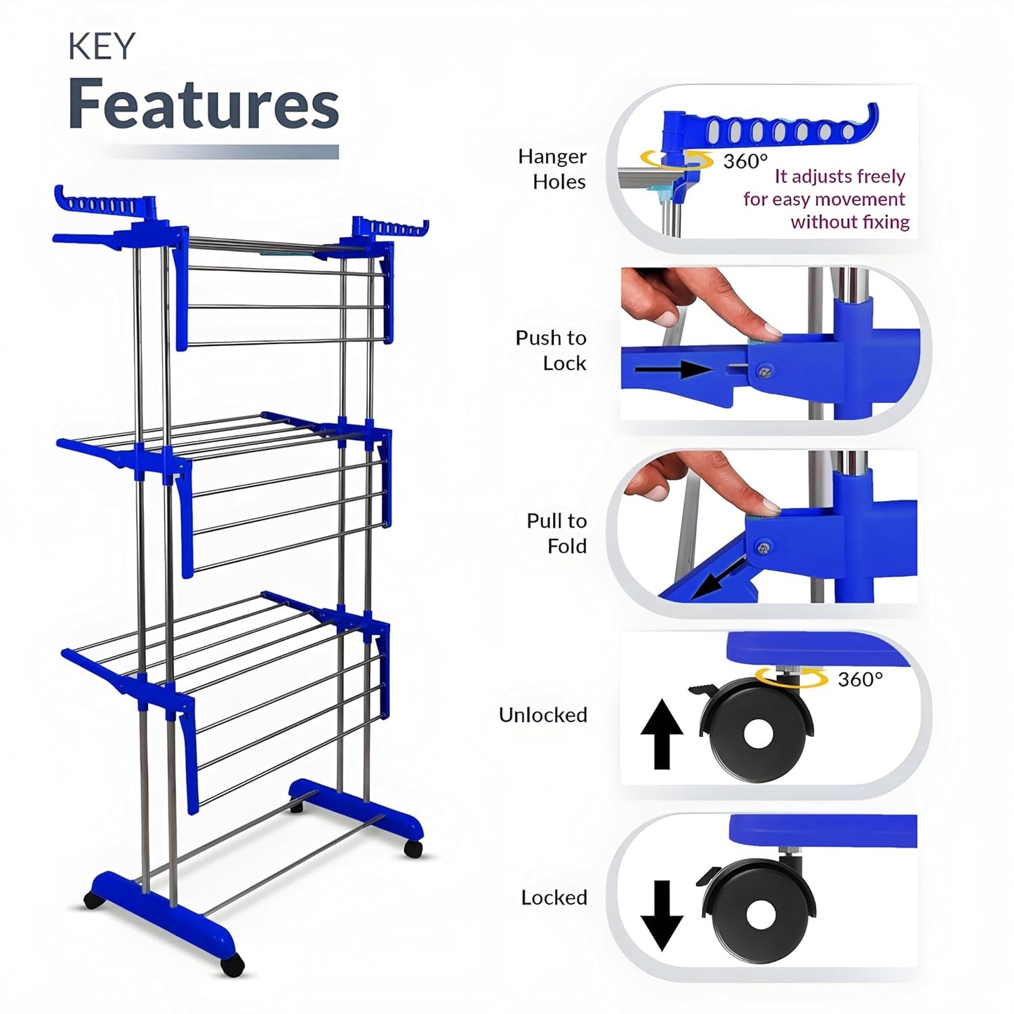 Foldable stainless steel clothes drying stand rack by Wukusy, with multiple bars for hanging laundry and easy foldable design
