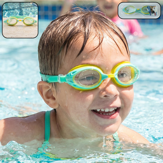 Kids dual-color swimming goggles by Wukusy with clear vision lenses and a comfortable fit, designed for young swimmers.