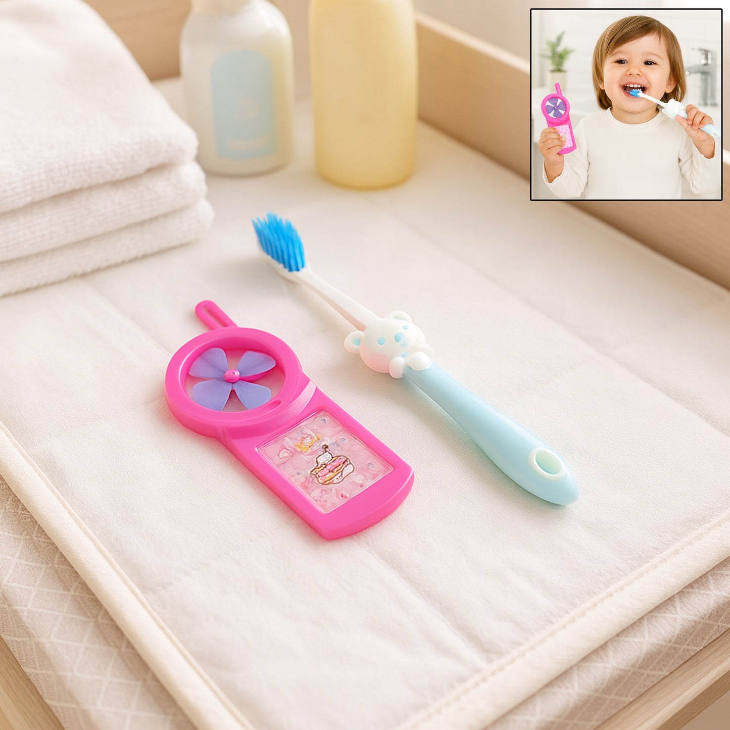 Wukusy kids toothbrush and fan toy set with colorful toothbrush and playful fan toy for children.