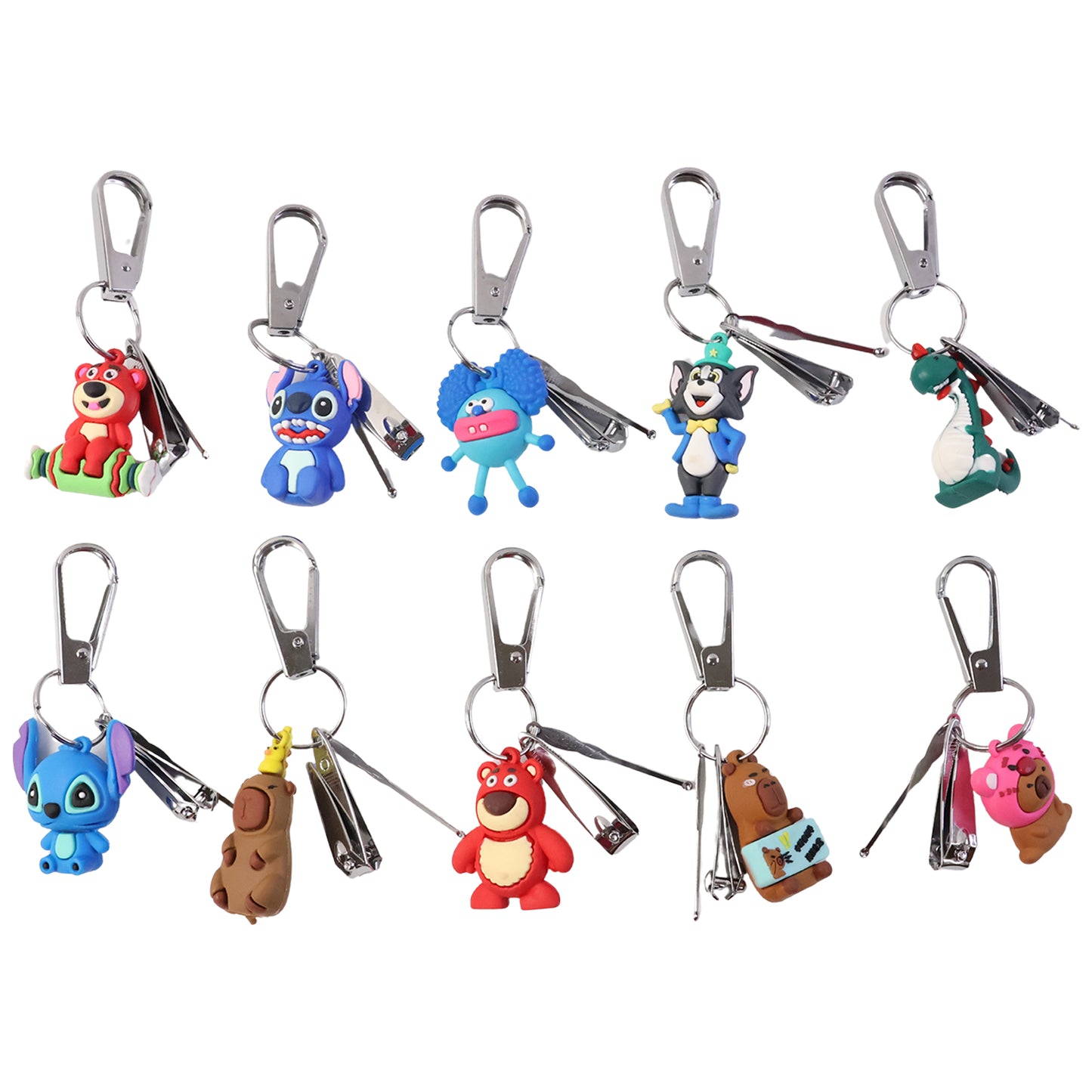 Wukusy mix design cartoon nail cutter keychain with mini nail clipper, featuring colorful cartoon characters and compact size.