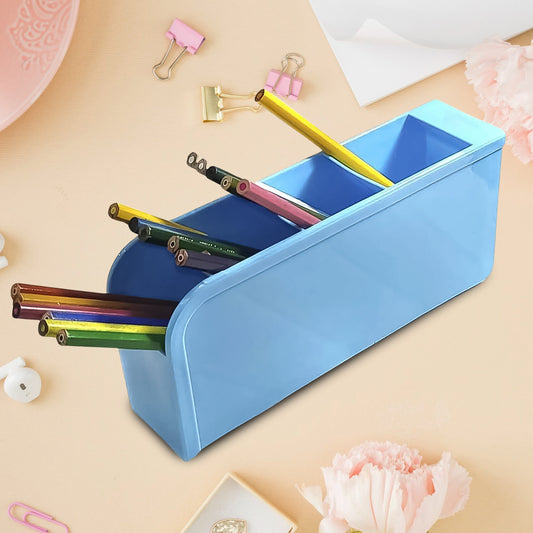Wukusy 4-compartment pen holder for office desktop storage, holds pens, pencils, and small office supplies, black plastic design