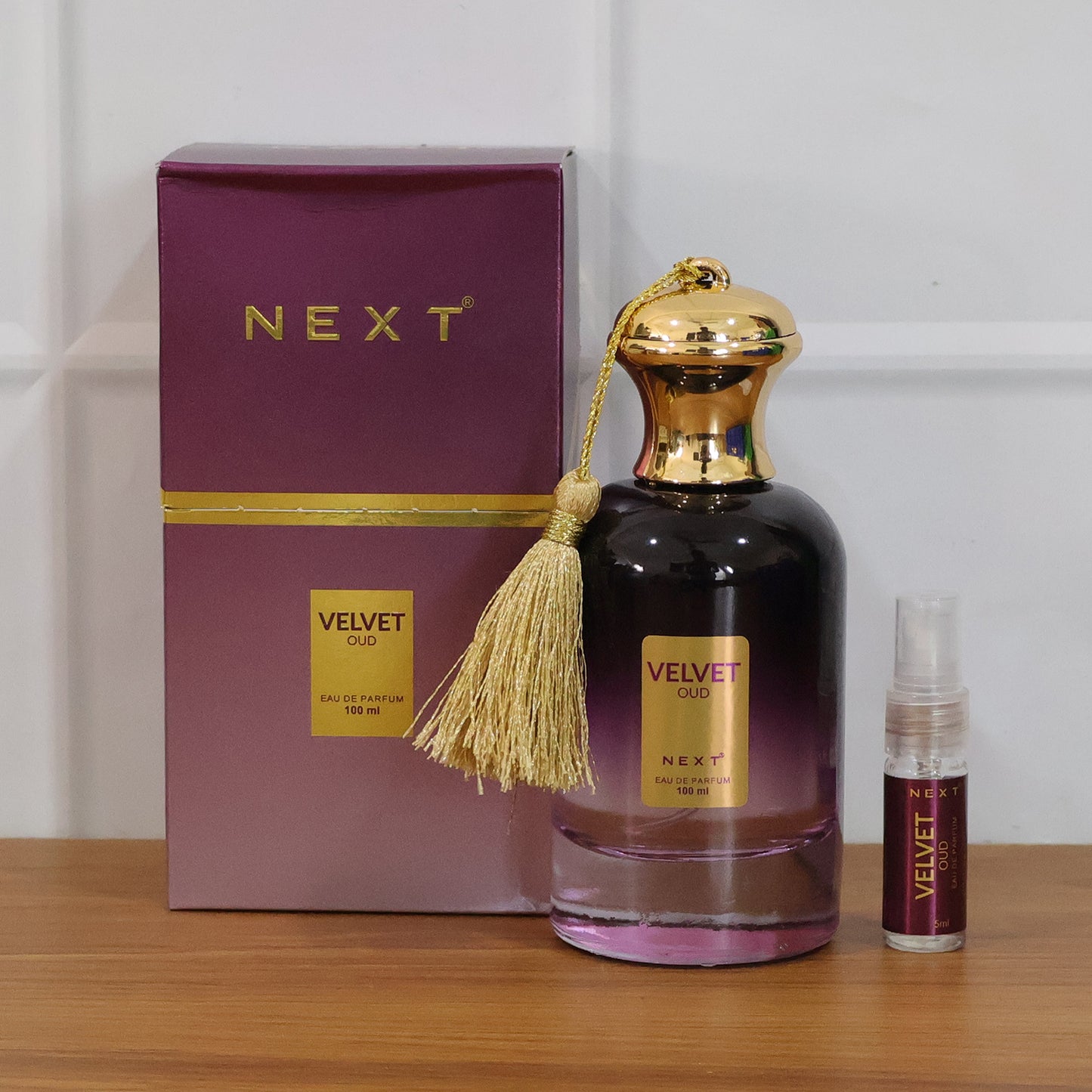 Next Premium Velvet Oud Eau De Perfume by Wukusy, 100ml bottle with luxurious velvet packaging and elegant spray nozzle.