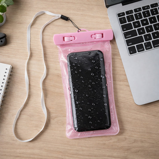 Pink waterproof phone pouch by Wukusy, clear mobile cover designed to protect smartphones from water and dust.