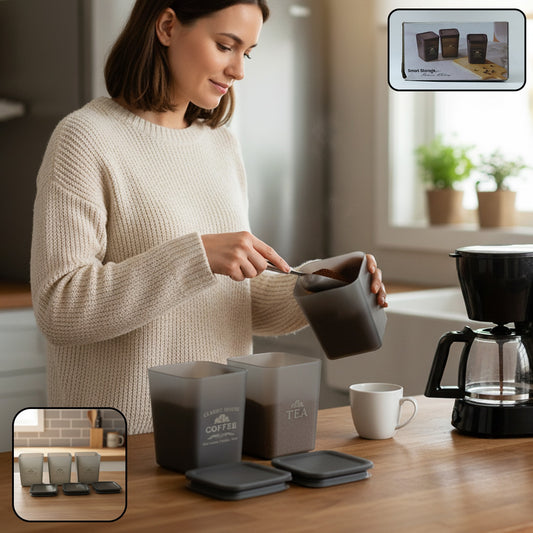 Wukusy plastic kitchen storage container set with three clear, airtight storage jars for pantry organization.