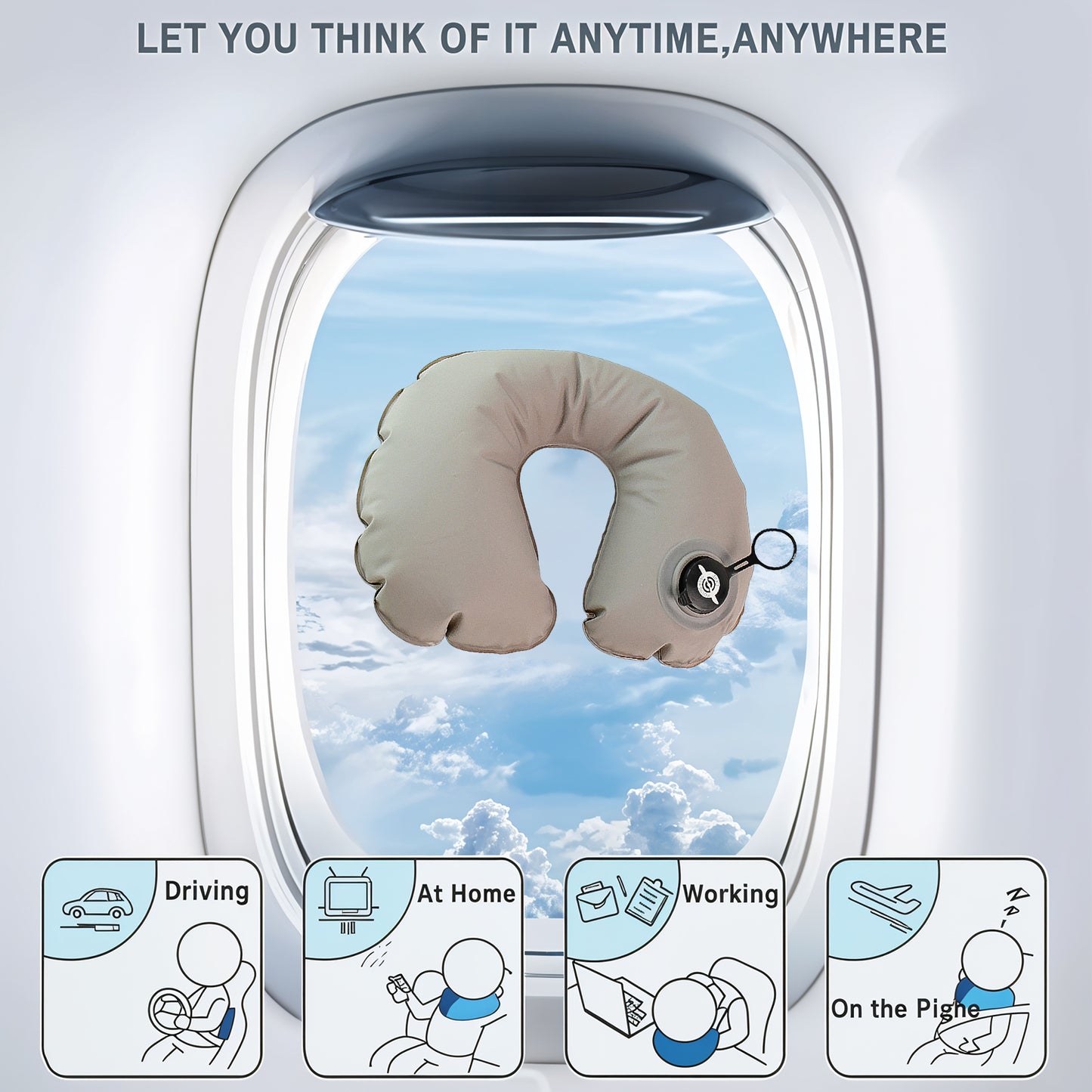Wukusy premium inflatable travel neck pillow in gray, designed for comfort and support during journeys.