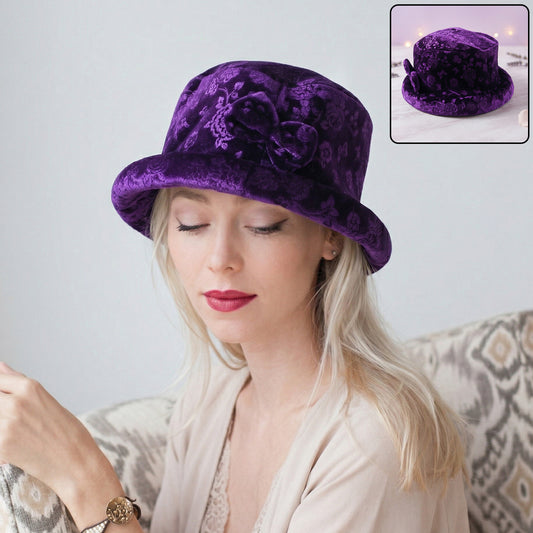 Wukusy premium velvet designer bucket hat for women, showcasing soft velvet fabric and stylish wide brim design.