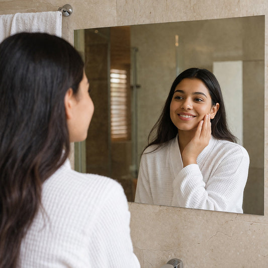 Wukusy self-adhesive wall mirror sheet in 100x50 cm, reflecting a clean, modern mirror surface ready for wall mounting.