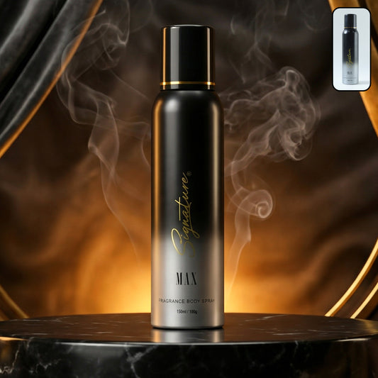 Wukusy Signature Premium Max Fragrance Body Spray 150ml bottle with sleek design and floral accents.