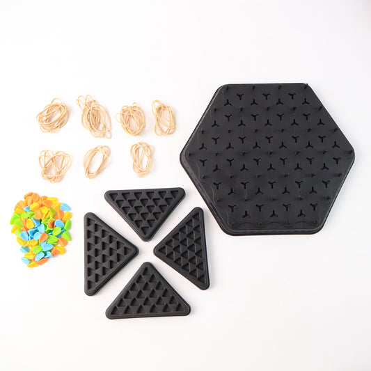 Wukusy strategic triangle color matching puzzle board game for kids and family, featuring colorful triangle pieces on a wooden board.