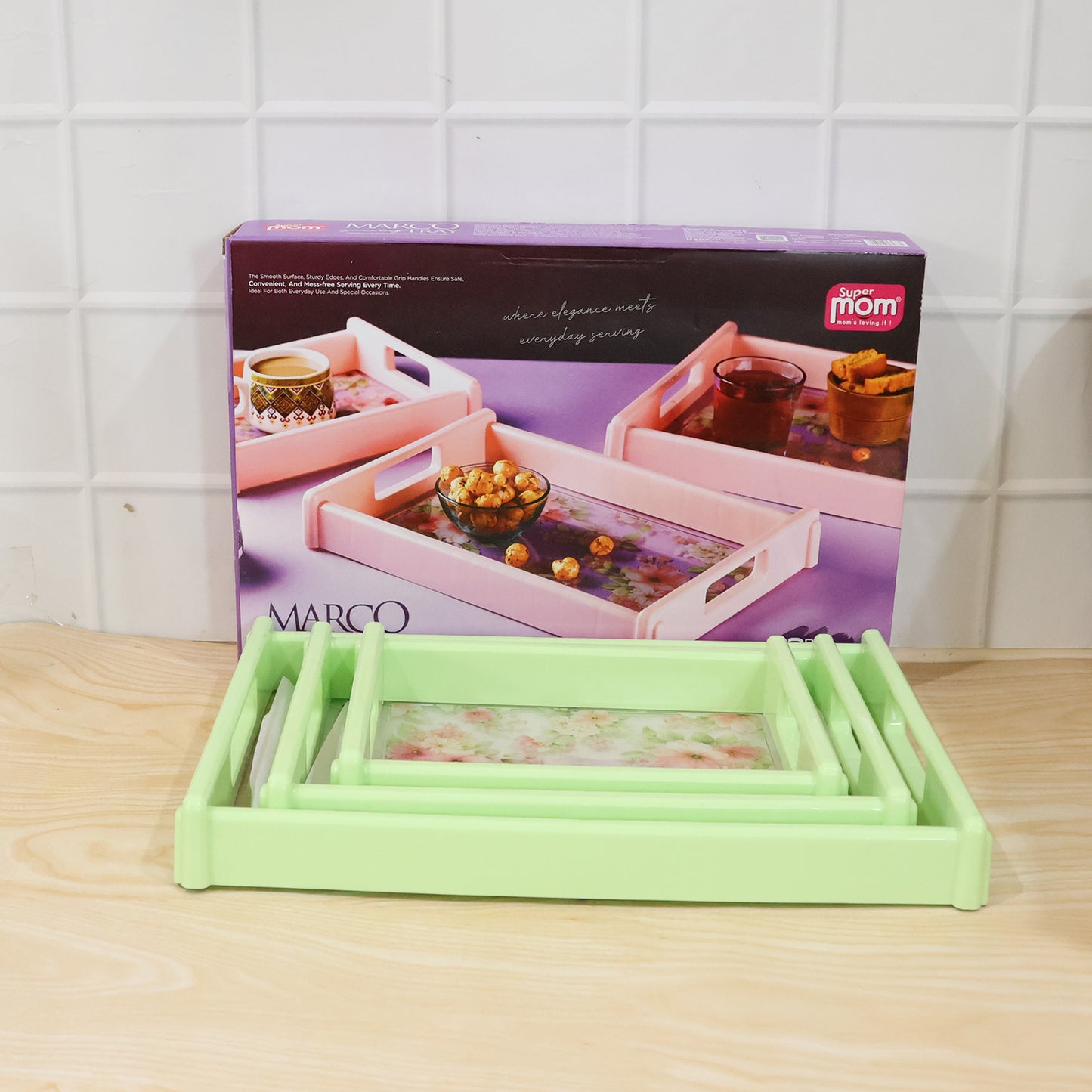 Wukusy Supermom floral printed 3-piece multipurpose serving trays set with colorful floral designs and sturdy handles.