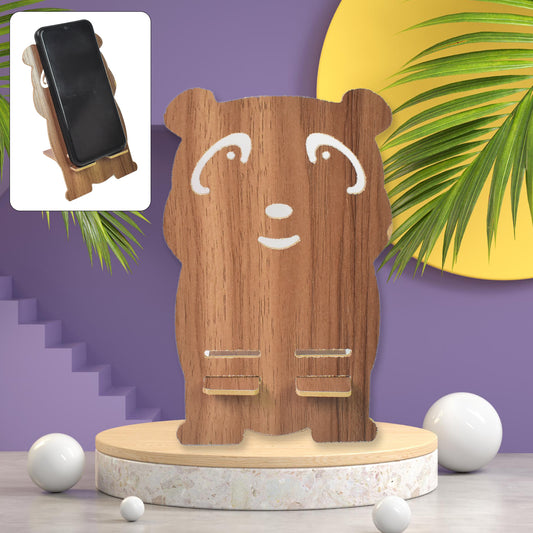 Wooden cartoon shape design mobile stand by Wukusy, perfect for holding smartphones securely on desks or tables.