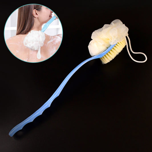 Wukusy 2-in-1 bath brush with long handle for face and body care, featuring soft bristles for effective cleansing and exfoliation.