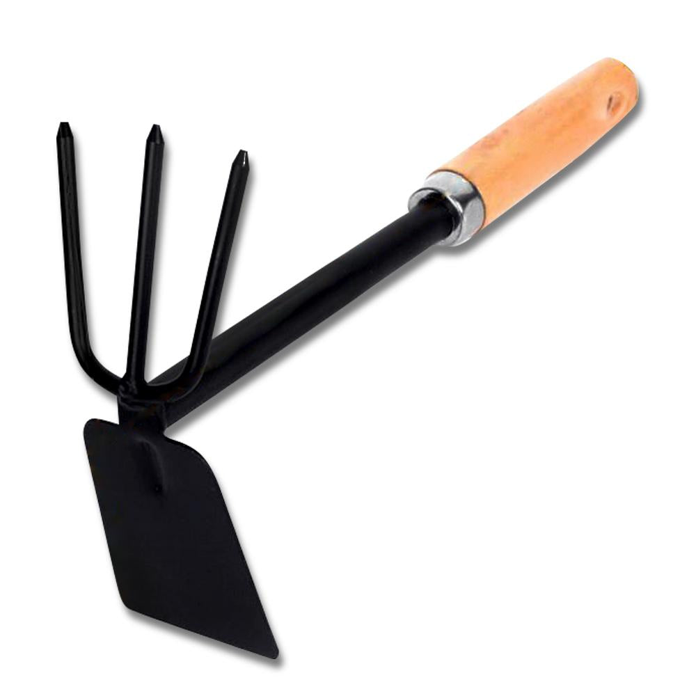 Wukusy 2-in-1 double gardening hoe with wooden handle, showcasing its dual-function blades for efficient gardening tasks.