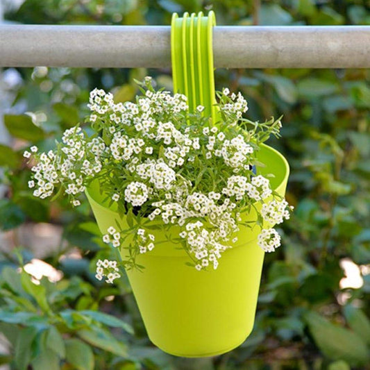 Multicolored plastic hanging planter pot for garden from Wukusy, featuring a vibrant, decorative design for outdoor plant display.