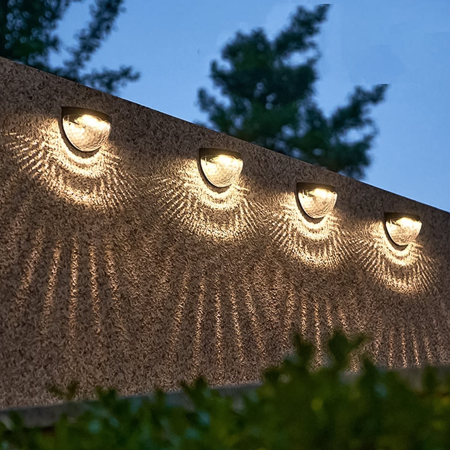 Wukusy garden 6 LED solar-powered wall mount fence lights with honeycomb shade design, 2-piece set for outdoor illumination.