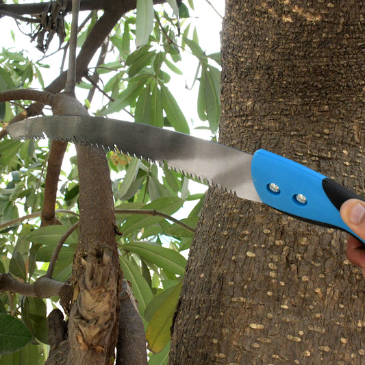 Wukusy 20-inch pruning saw with high carbon steel blade, sharpened teeth, and protective cover for gardening and tree cutting.