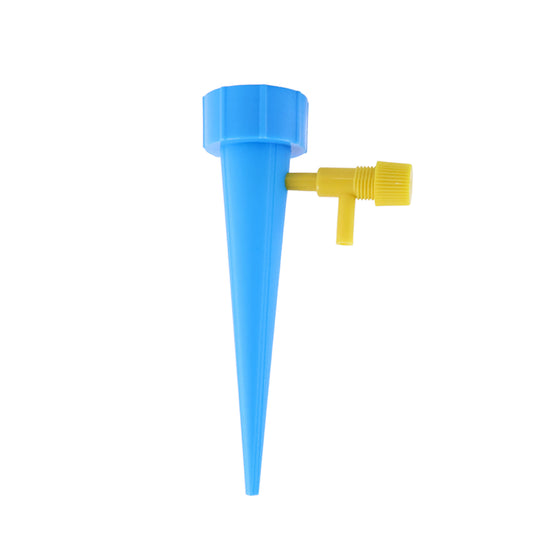 Blue Wukusy garden self-watering plant spike for efficient watering, shown inserted into a plant in a garden setting.