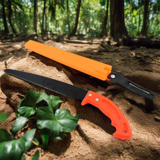Wukusy garden hand pruning saw with cover, ideal for cutting tree branches and garden pruning tasks.