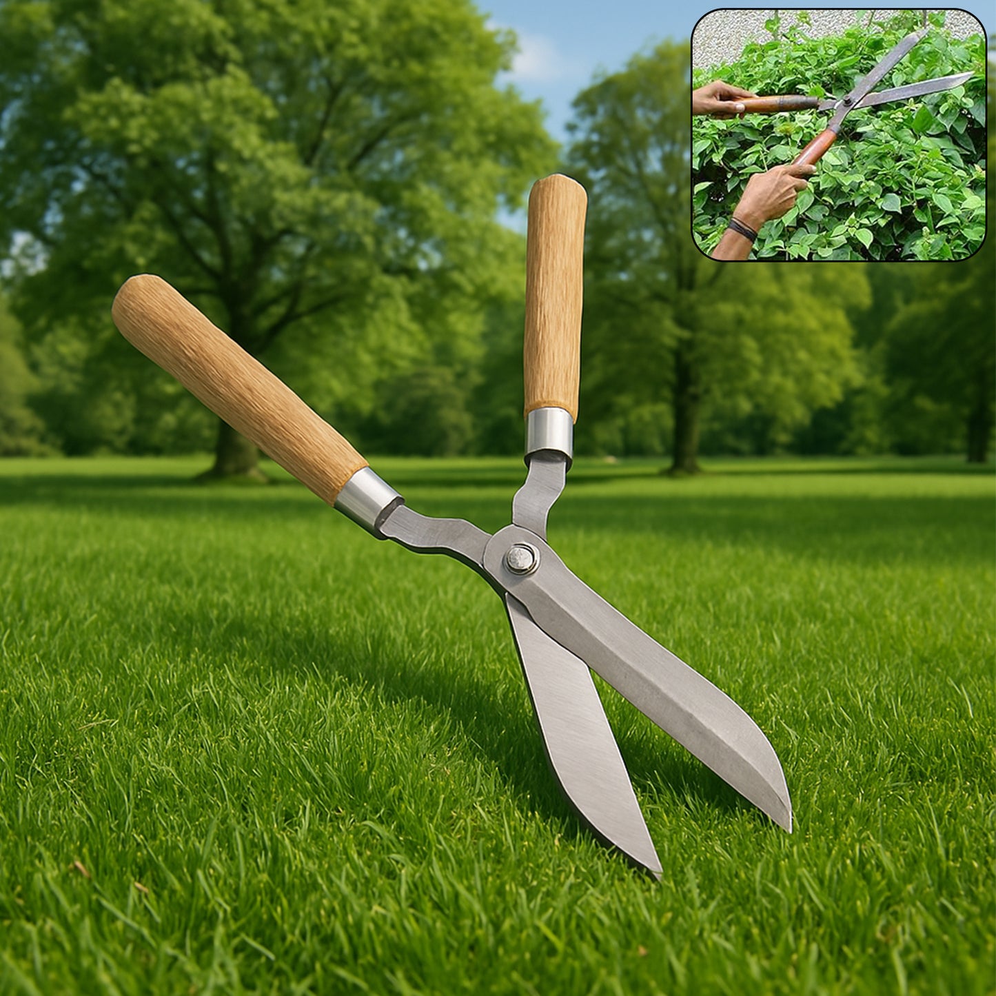 Wukusy heavy-duty B grade garden hedge shear with wooden handle, designed for trimming and shaping hedges effectively.