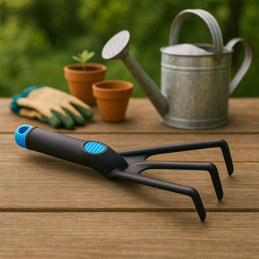 Wukusy plastic premium garden hand cultivator tool with three metal tines for soil cultivation and aeration.