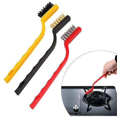 Wukusy 3-piece mini wire brush set with brass, nylon, and stainless steel bristles for cleaning and detailing hardware tools.