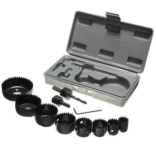 Wukusy 11-piece wood hole saw cutting set with multicolour blades, sizes 19-64mm, for woodworking and drilling tasks.