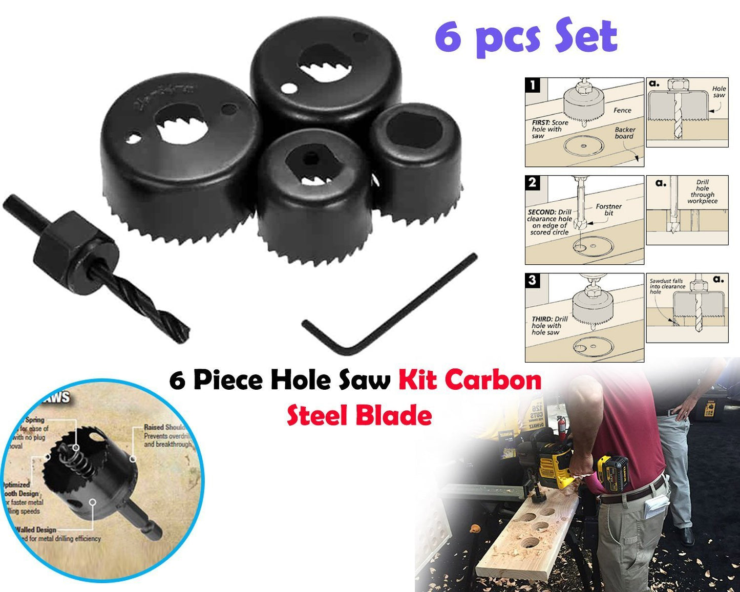 Wukusy 6-piece hole saw set with 32mm, 38mm, 44mm, 54mm drill bits for hardware and woodworking projects.