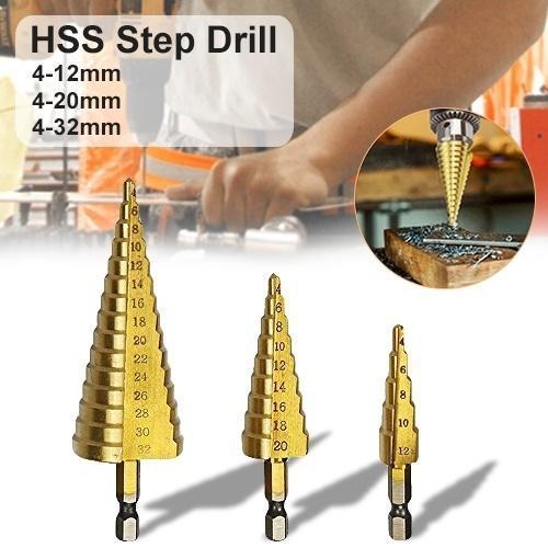 Wukusy 3-pack large HSS steel step cone drill titanium bits set with sizes 4-32mm, 4-20mm, and 4-12mm for hole cutting.