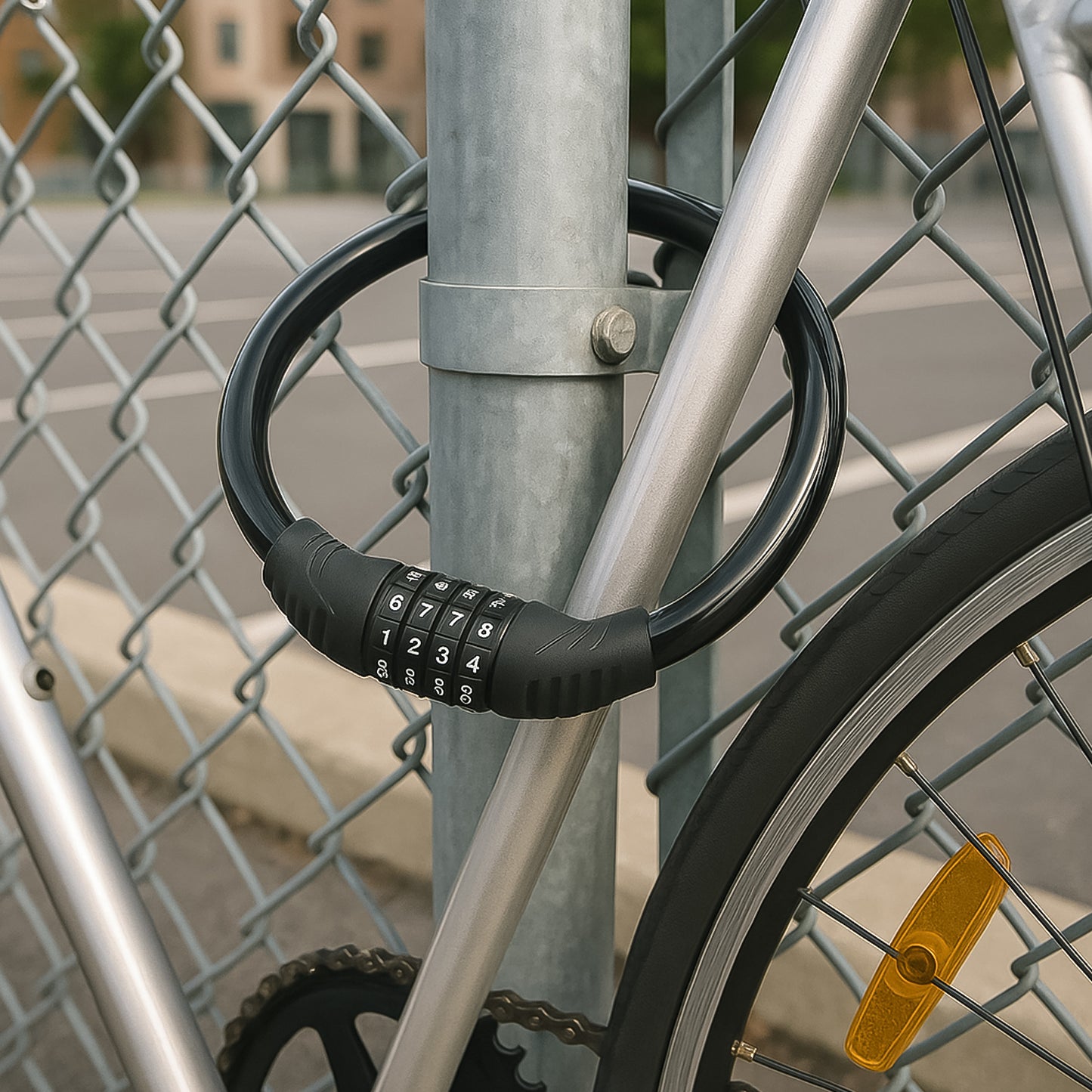 Wukusy bike lock cable with 4-digit resettable combination, self-coiling design, suitable for securing bicycles.