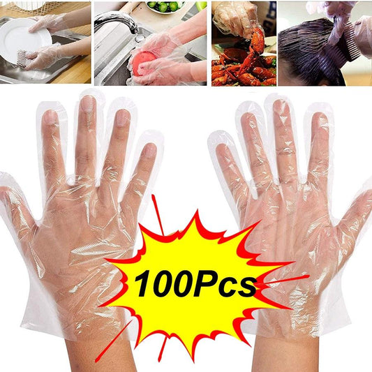 Wukusy plastic transparent disposable clear gloves in white, 100-pack, suitable for health and beauty use.