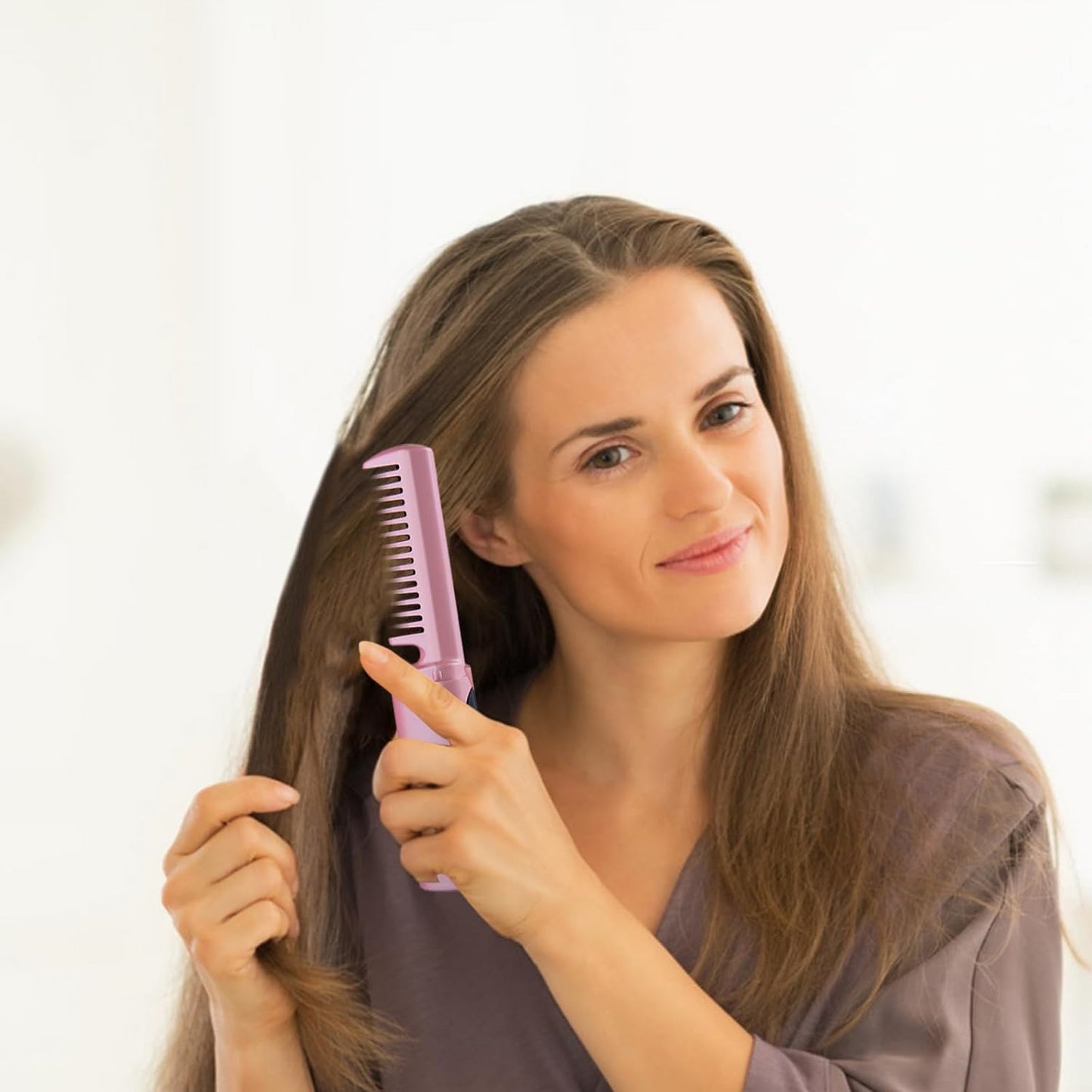 Wukusy rechargeable mini hair straightener brush with three temperature settings, cordless, portable, and USB rechargeable for travel use.