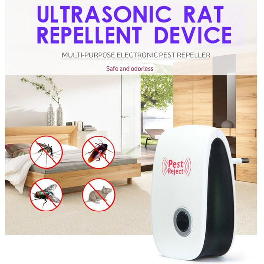 Wukusy 6035 Ultrasonic Pest Repeller targeting rats, cockroaches, mosquitoes, and home pests, showing device with digital display.