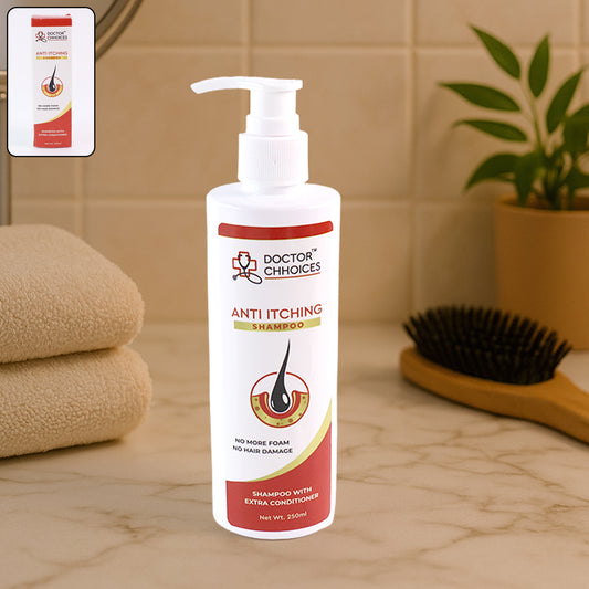 Wukusy Doctor Chhoices Anti-itching Shampoo 250ml bottle, health and beauty product for soothing scalp irritation.