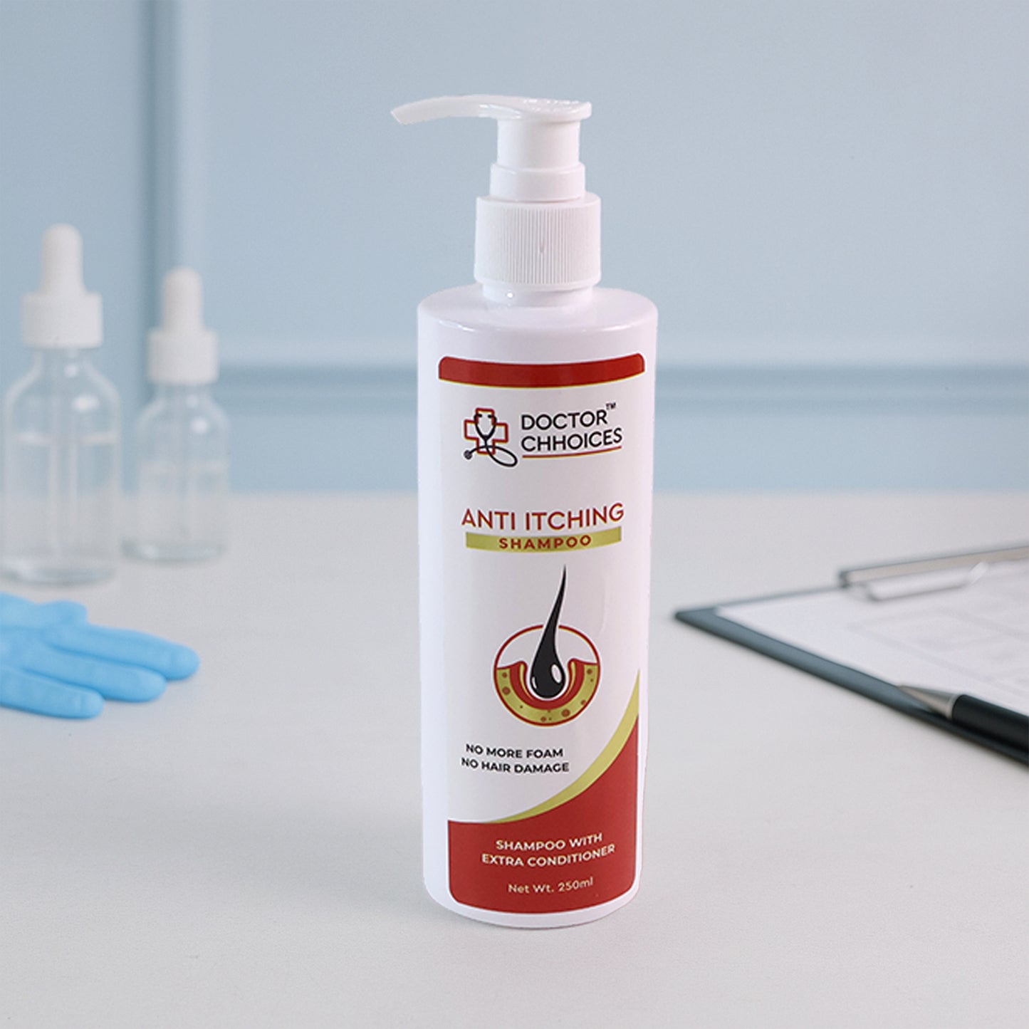 Wukusy Doctor Chhoices Anti-itching Shampoo 250ml bottle, health and beauty product for scalp relief and soothing hair care.