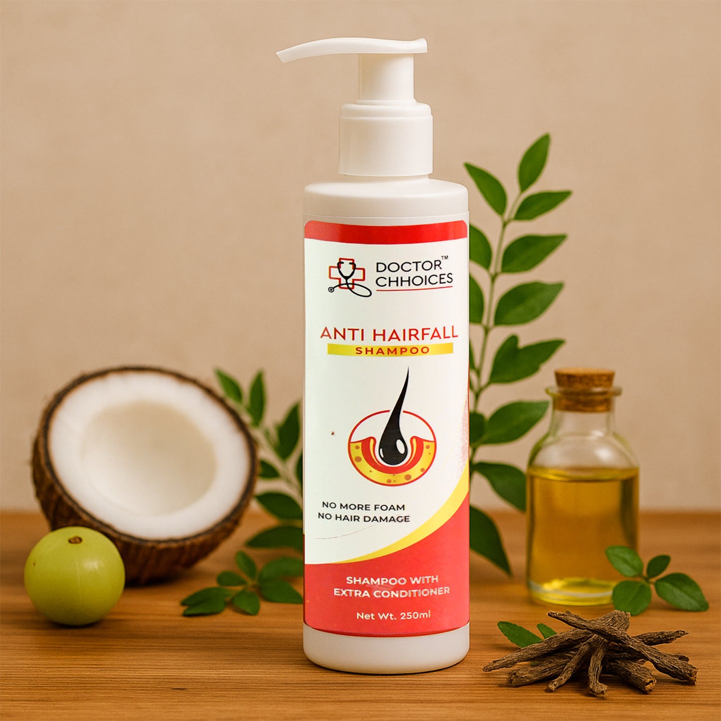 Wukusy Doctor Choices Advanced Anti-Hairfall Shampoo with Conditioner, 250ml, showing the shampoo bottle with label and packaging.