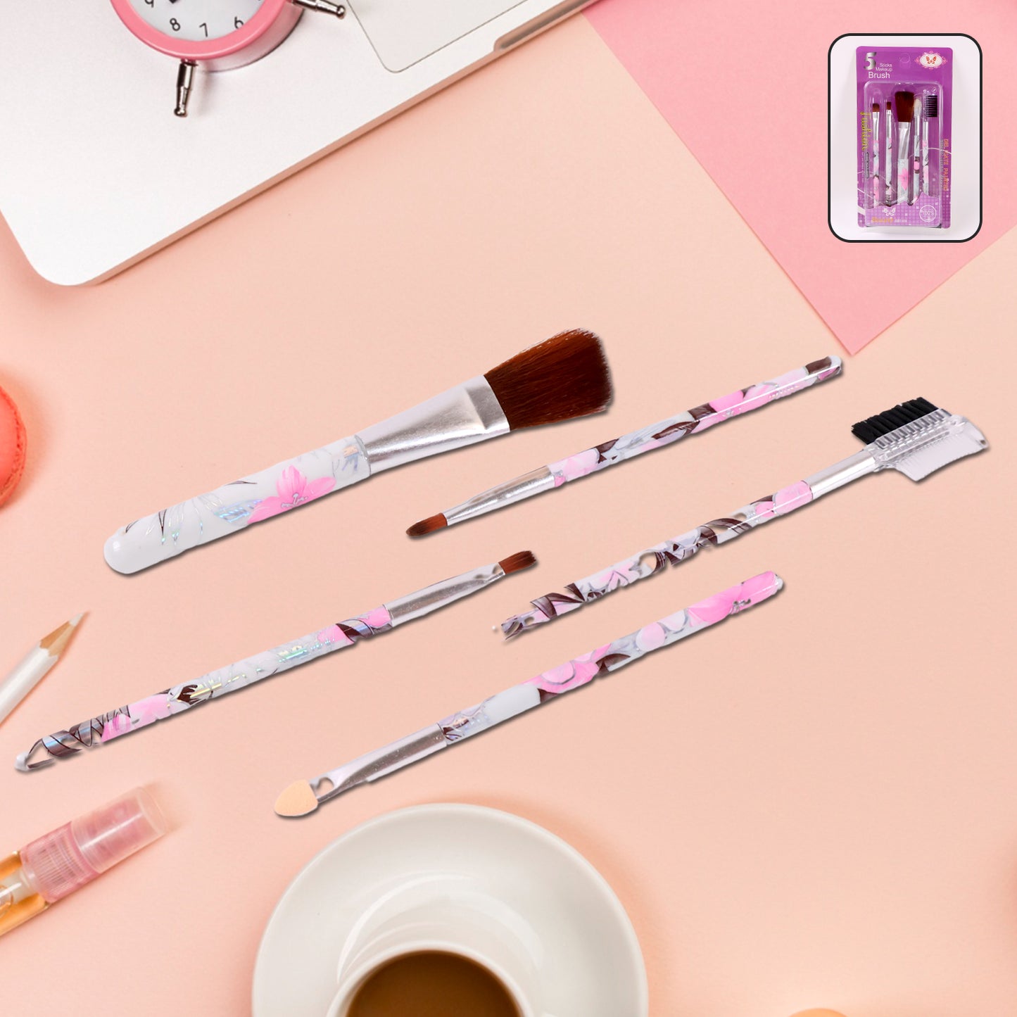 Wukusy floral makeup brush set with five brushes for eyes, lips, and face, featuring colorful floral design and soft bristles.
