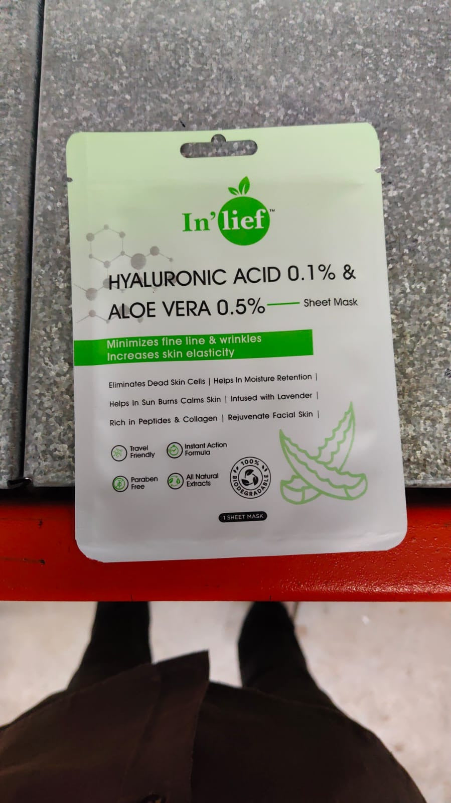 Wukusy Inlief Hydrating Facial Mask with hyaluronic acid 0.1% and aloe vera 0.5%, showing the mask sheet and packaging.