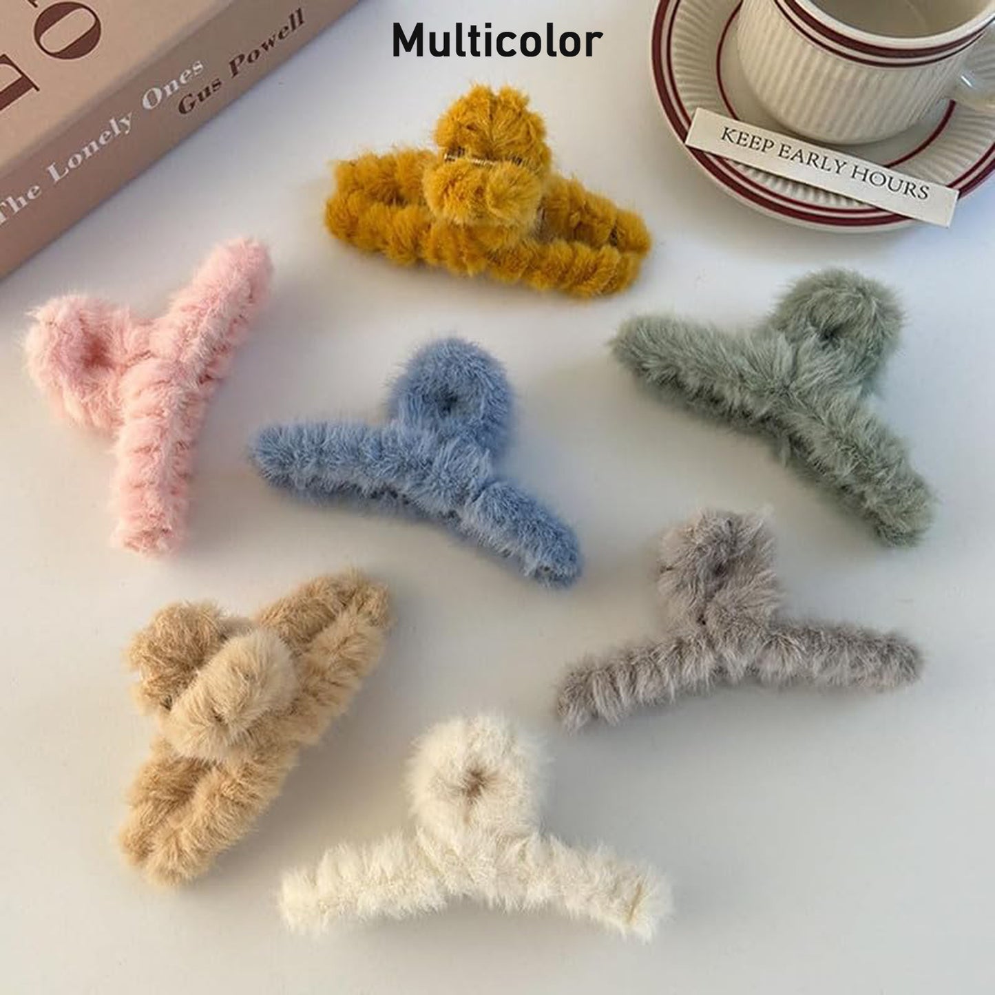 Large plush plastic hair claw clip by Wukusy in mixed colors, ideal for securing hair with soft, fluffy style.