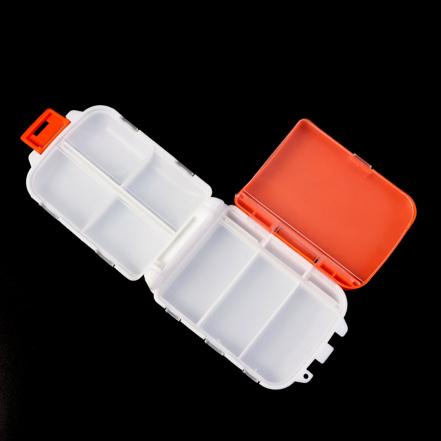 Portable orange dual-sided pill organizer box by Wukusy, compact for easy storage of daily medications.