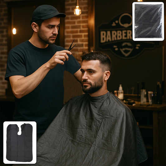 Wukusy professional hair cutting cape for salon and home use, black waterproof cape with adjustable neck closure for hair styling.