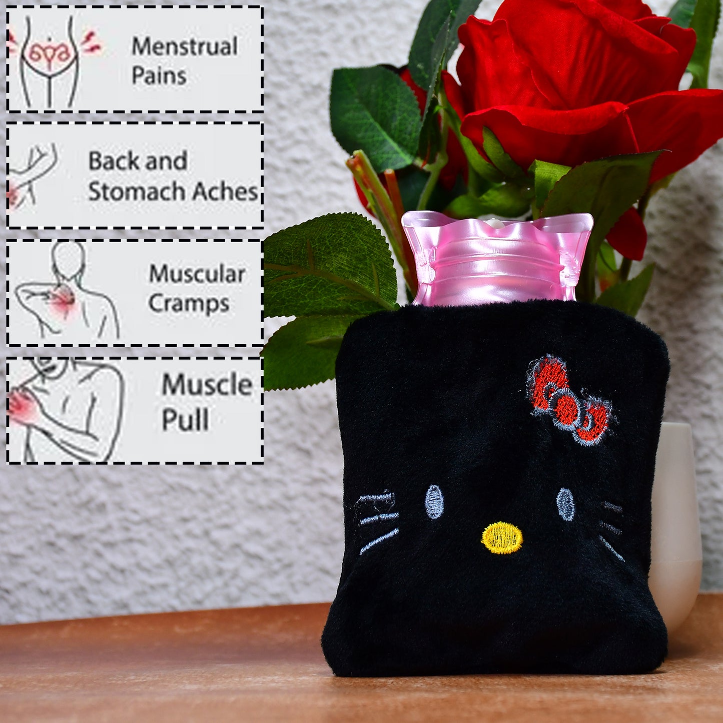 Black Hello Kitty hot water bag with cover by Wukusy, used for pain relief, neck, shoulder, and menstrual cramps.