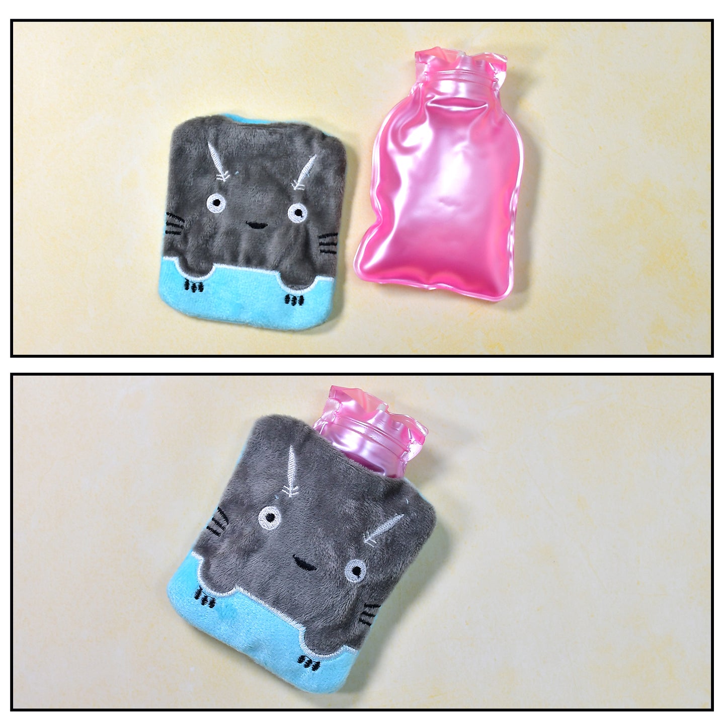 Grey cat print Wukusy small hot water bag with cover, used for pain relief, neck, shoulder, hand, feet warmer, menstrual cramps.