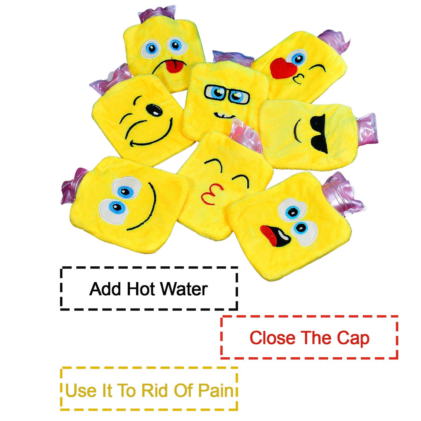 Wukusy small hot water bag with colorful emoji cover for pain relief, neck, shoulder, hand, feet warmer, and menstrual cramps.