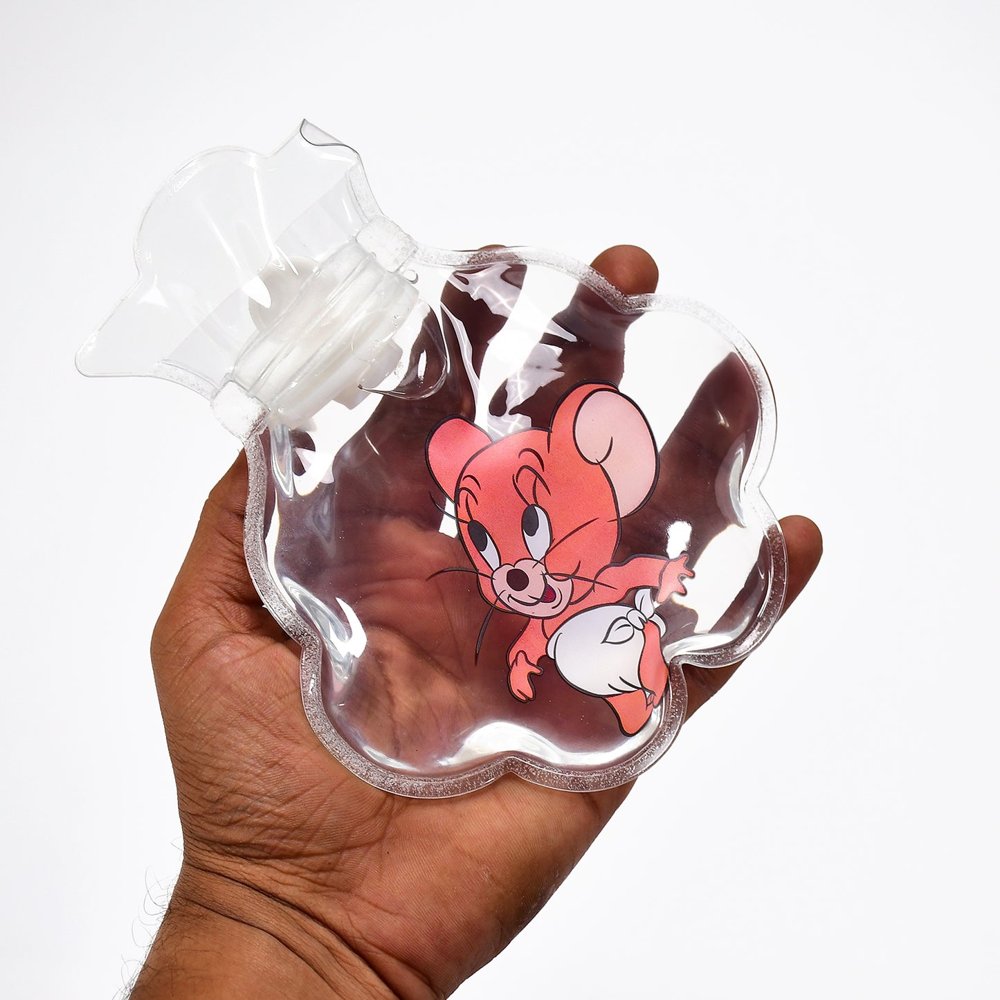 Wukusy small transparent hot water bag with colorful design and cover, used for pain relief, muscle warmth, and menstrual cramps.