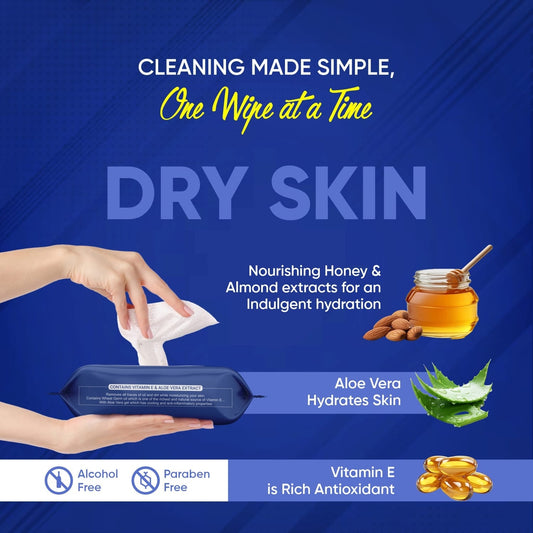 Wukusy Beautiful Basics dry, oily, sensitive, normal skin face wipes in four packs of 100 for gentle skincare and cleansing.