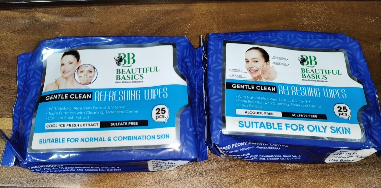 Wukusy Beautiful Basics normal oily skin face wipes in two 50-pack cartons, with soft wipes for cleansing and refreshing skin.