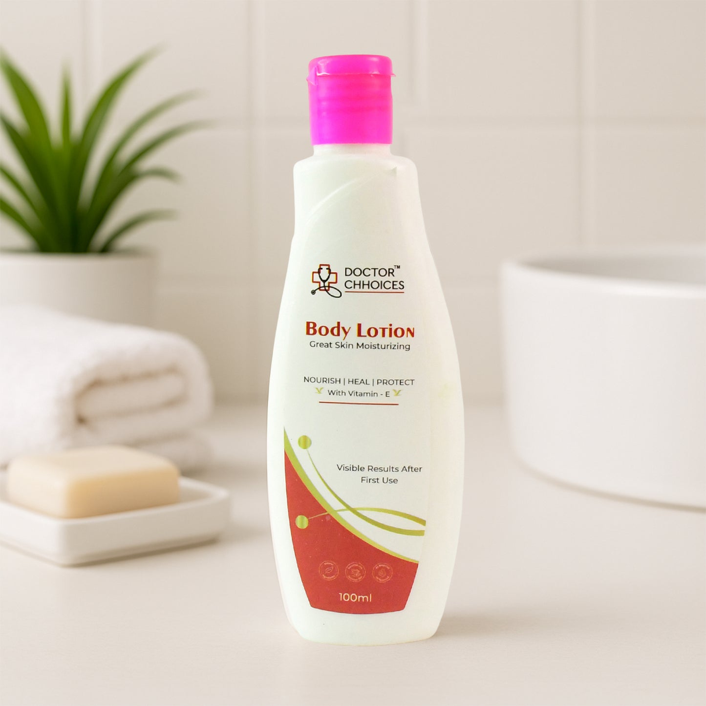 Wukusy Doctor Choices 100ml Vitamin E Enriched Body Lotion bottle showing the label and packaging for healthy skin care.