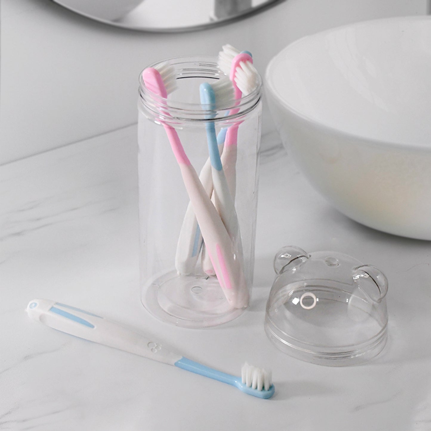 Wukusy travel-friendly toothbrush holder with four soft bristle toothbrushes, compact health care accessory for on-the-go use.